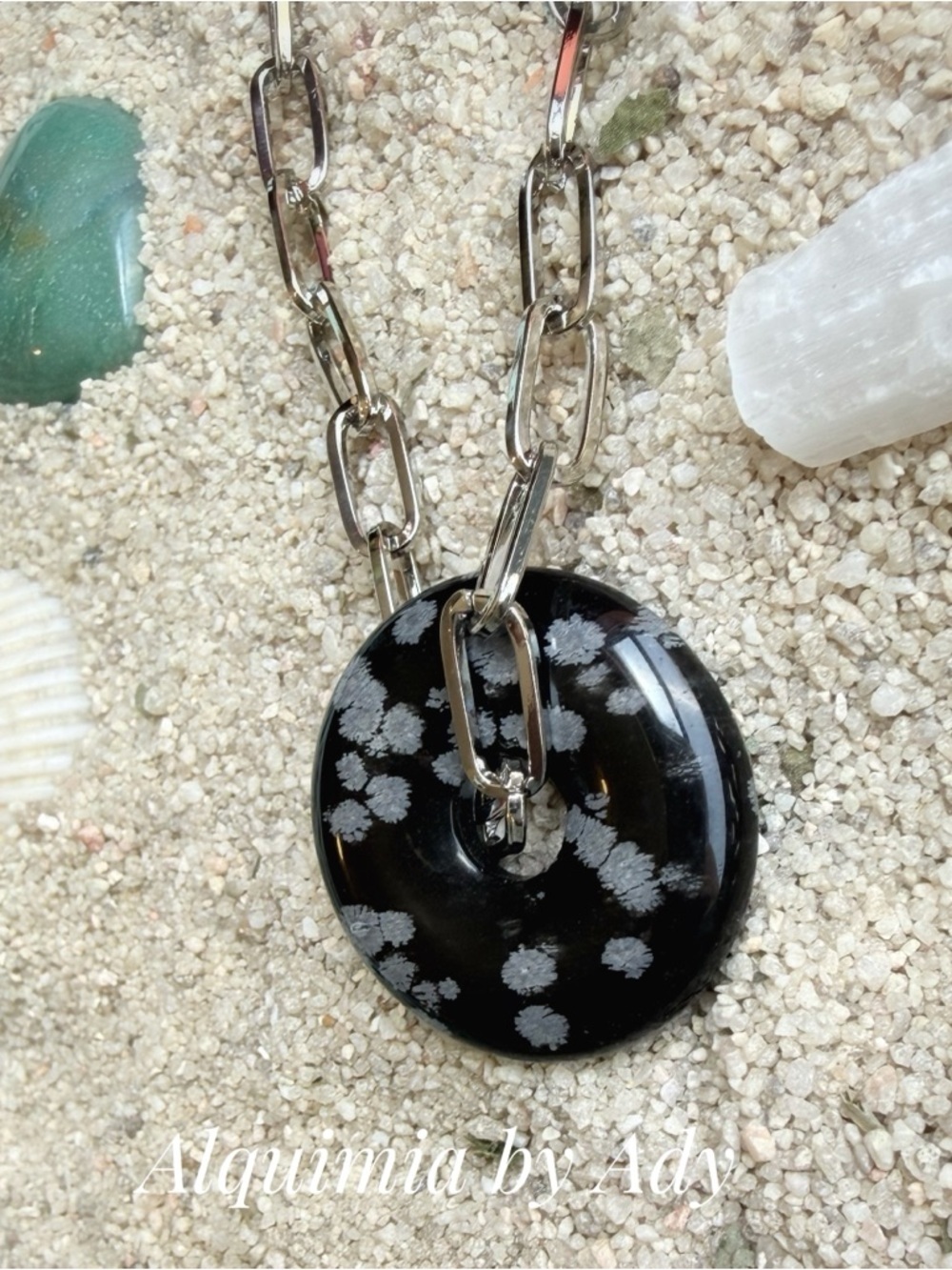 Alquimia Black Snowflake Obsidian Donut Pendant Necklace with Silver Chain